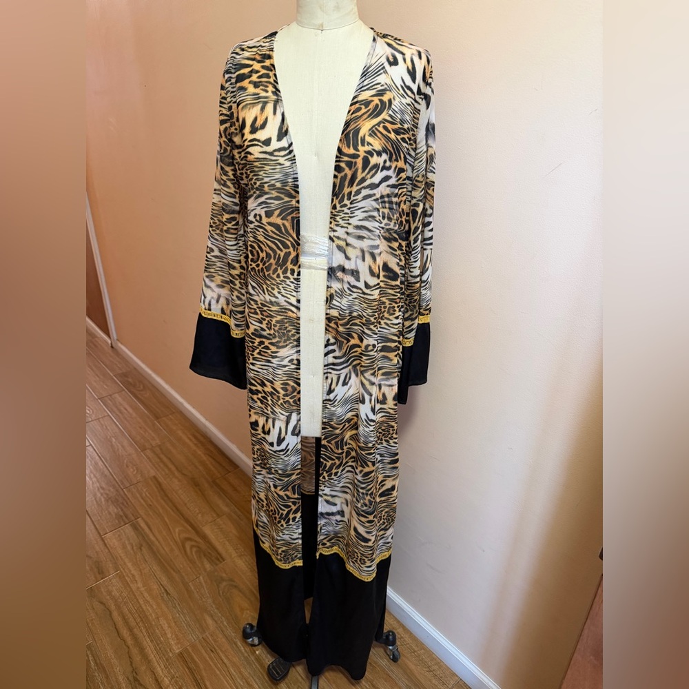 AKIRA Long Animal Print Duster with Black Trim